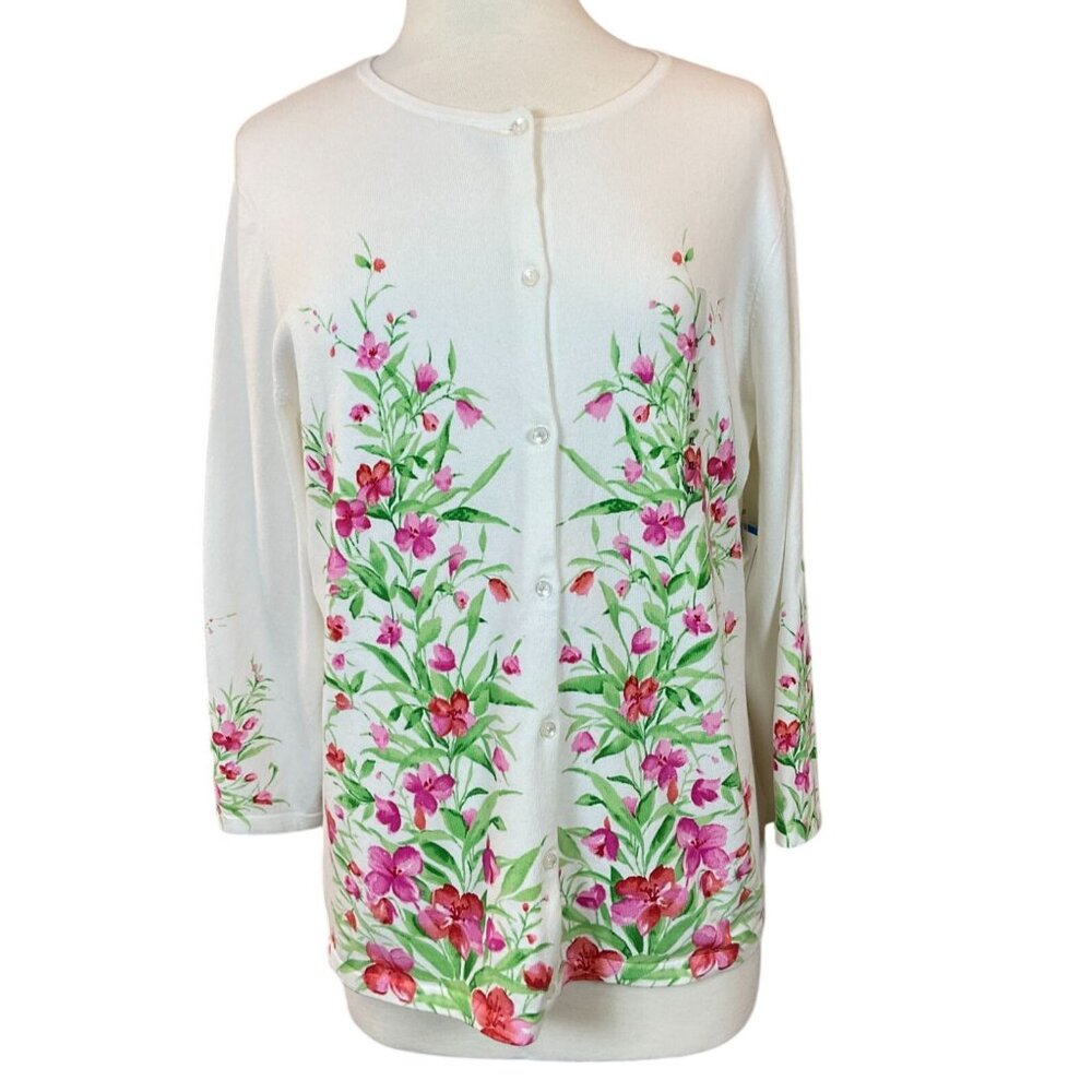 Jones NY Signature Long Sleeve Crewneck Pink Green Floral Motif Cardigan XL NWT